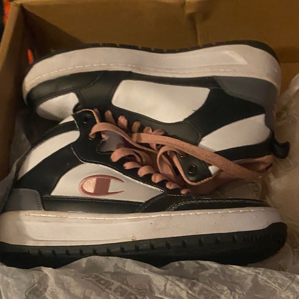 Champion Kids High-Top Sneakers - Black, White, and Pink